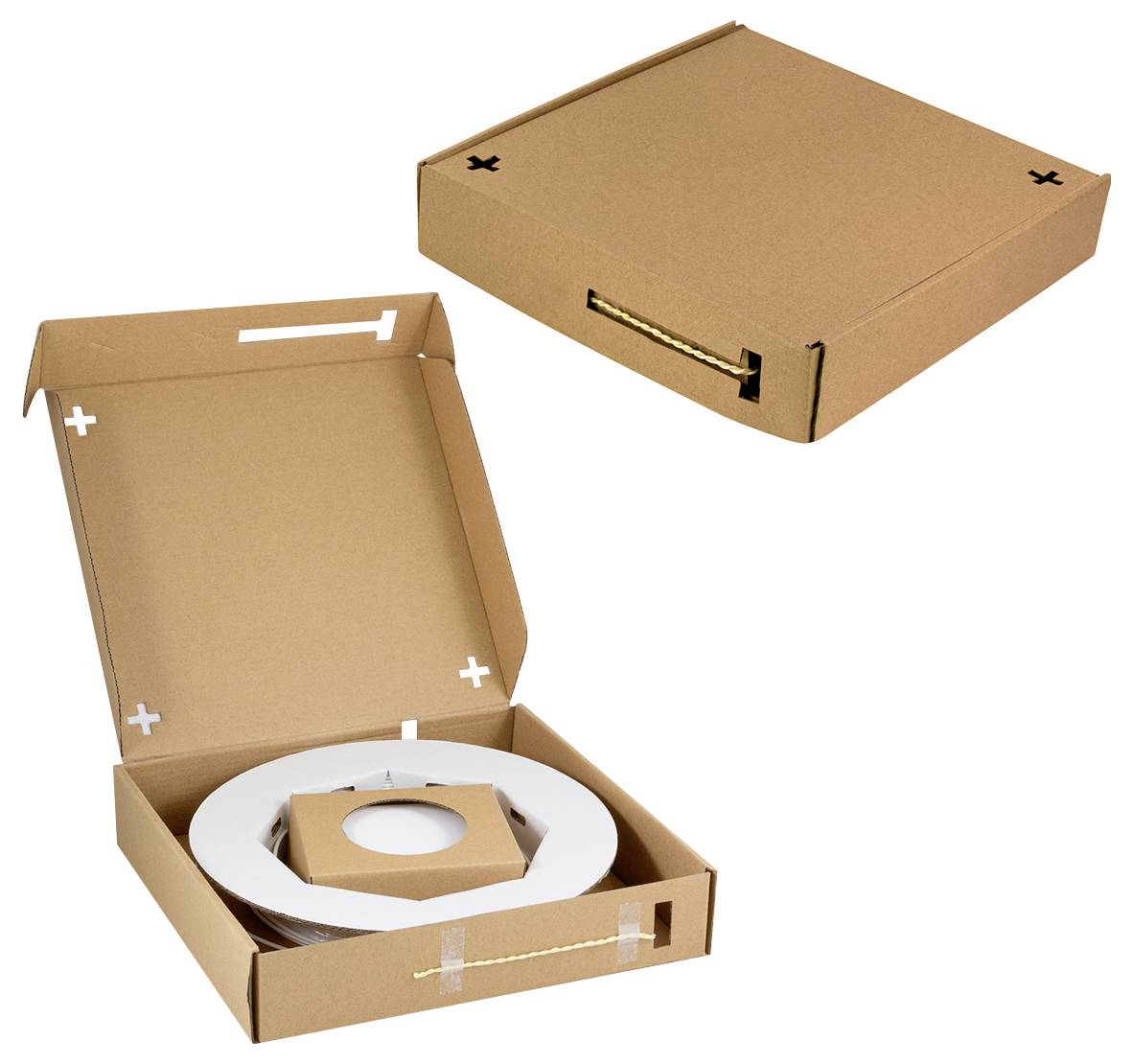 Kartonverpackung, einschließlich eines flach zusammengelegten Teils und einer offenen Schachtel, die ein weißes Rundobjekt enthält.