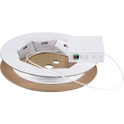Ein flaches, weißes Kabelband, das auf einer Pappspule gewickelt ist, mit einem angeschlossenen weißen elektronischen Gerät, das Anzeigelichter und zwei Anschlüsse aufweist.