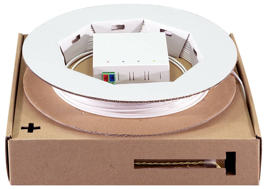 Eine Spule aus weißem Kabel ist ordentlich in einer braunen Pappschachtel mit einem weißen Deckel verpackt, die eine zentrale weiße Box mit farbigen Indikatoren zeigt.