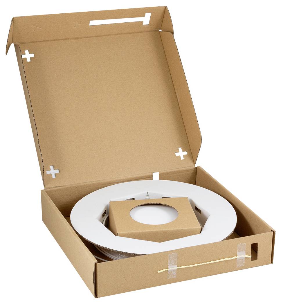 Karton mit einer großen weißen Spule, die ein transparentes Band enthält, konzipiert für sicheren Versand und Lagerung.