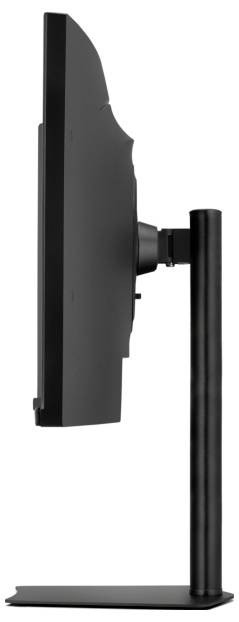 Eine Seitenansicht eines schwarzen Computermonitors auf einem runden Ständer, der seinen dünnen Profilaufbau und den verstellbaren Arm präsentiert.