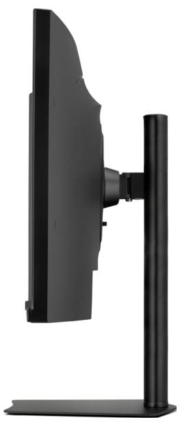 Seitenansicht eines schwarzen Computermonitors auf einem Ständer, der sein schlankes Design und die Höhenverstellbarkeit präsentiert.