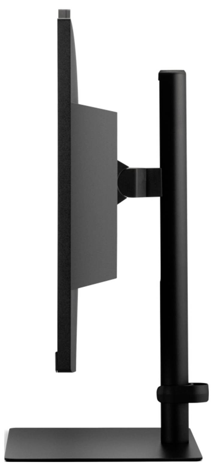 Seitenansicht eines schwarzen Flachbildschirms auf einem Ständer, der seine dünne Profilansicht und verstellbare Höhenfunktion zeigt.