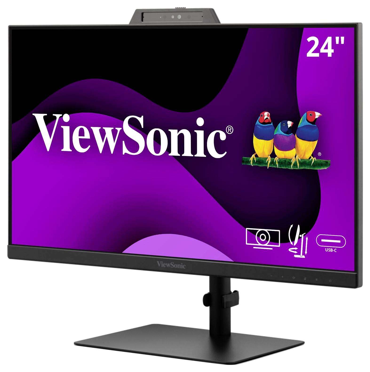 Ein 24-Zoll ViewSonic-Display, das drei farbenfrohe Vögel auf einem violetten Hintergrund zeigt. Icons signalisieren Funktionen wie eingebaute Webcam und USB-C-Konnektivität.