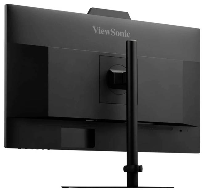 Ein schwarzer ViewSonic-Computermonitor ist von hinten auf einem Ständer montiert zu sehen.