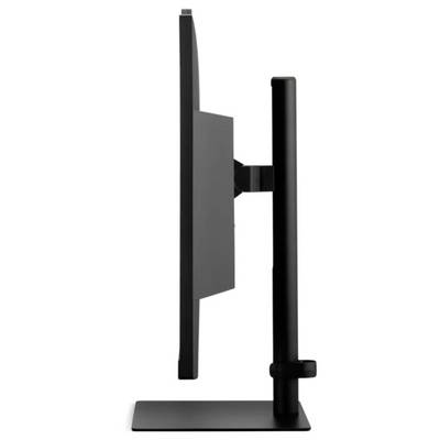 Seitenansicht eines schlanken, modernen Computermonitors auf einem schwarzen Ständer, der sein dünnes Profil und sein elegantes Design hervorhebt.