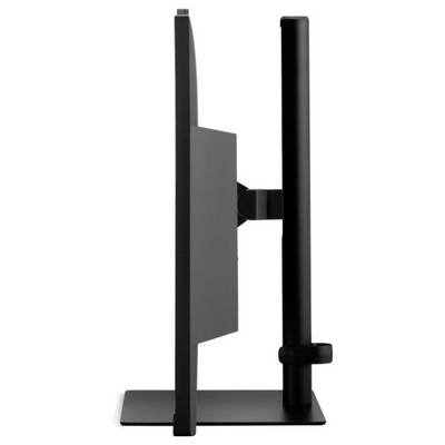 Seitenansicht eines dünnen schwarzen Computermonitors auf einem stabilen Ständer, der sein schlankes Design und seine moderne Ästhetik zur Geltung bringt.