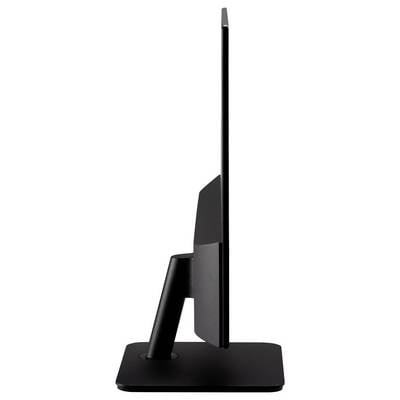 Ein schwarzer, ultraflacher Computermonitor, von der Seite betrachtet, der sein schlankes Profil und sein elegantes Design zeigt, auf einer rechteckigen Basis stehend.