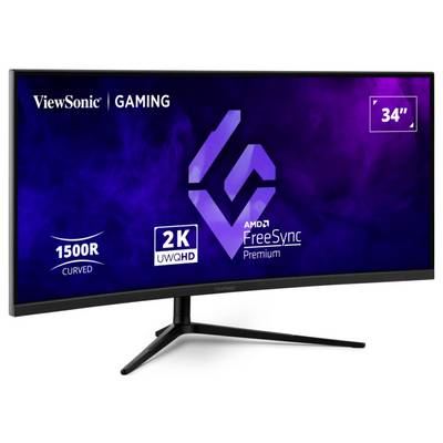 Ein ViewSonic 34-Zoll-Gaming-Monitor mit gebogener Bildschirmoberfläche wird präsentiert, ausgestattet mit 2K UWQHD-Auflösung und AMD FreeSync Premium-Technologie.