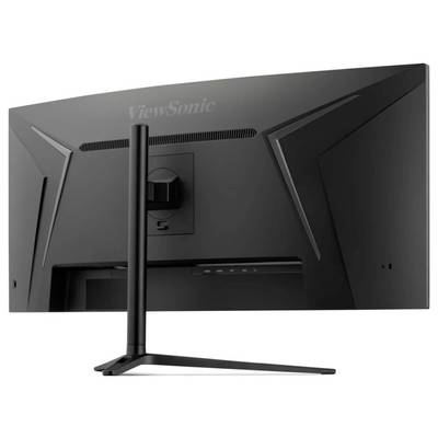 Ein schwarzer, gebogener Computermonitor, von hinten gesehen, mit einem auffälligen ViewSonic-Logo und einem eleganten Standdesign.