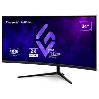 Ein ViewSonic 34-Zoll Curved Gaming-Monitor mit 2K UWQHD-Auflösung, AMD FreeSync Premium, vor einem dynamischen, lila-rauchigen Hintergrund.