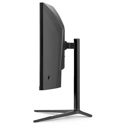 Eine Seitenansicht eines modernen Computermonitors auf einem Ständer, die sein schlankes, elegantes Design und die Höhenverstellbarkeit präsentiert.