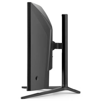 Seitenansicht eines schlanken, modernen Flachbildschirm-Monitors mit einem robusten, kantig geformten Ständer, der sein schlankes Profil und minimalistisches Design betont.
