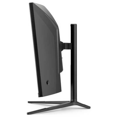 Seitenansicht eines schwarzen Computermonitors mit elegantem, modernem Design, der seinen verstellbaren Ständer für ergonomische Positionierung präsentiert.