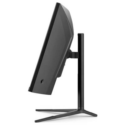 Seitenansicht eines schwarzen Computermonitors auf einem Ständer, leicht nach hinten geneigt, mit einem einfachen, modernen Design vor einem weißen Hintergrund.