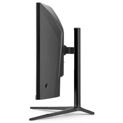 Seitenansicht eines schwarzen Computermonitors auf einem Ständer, der sein schlankes Profil und das kantige Basedesign zeigt.