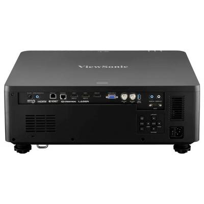 Ein schwarzer ViewSonic-Projektor, der verschiedene Eingabeports wie HDMI, USB und Ethernet zeigt, mit Bedienelementen und Stromeingang auf der Rückseite.