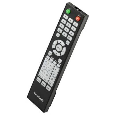 Eine schwarze ViewSonic-Fernbedienung mit mehreren Tasten, einschließlich farbiger Ein-/Aus-Schalter, Richtungspfeilen und einer 'Enter'-Taste in der Mitte.
