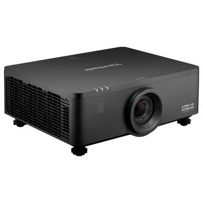 Ein schwarzer Projektor mit der Aufschrift "ViewSonic Luminous Superior", ausgestattet mit einer großen Linse und belüfteten Seiten, der auf verstellbaren Beinen steht.