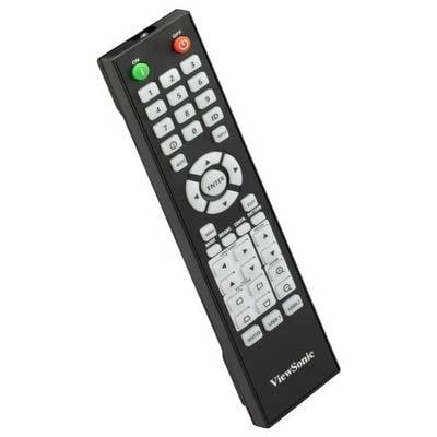 Eine schwarze ViewSonic-Fernbedienung mit weißen Tasten, die Funktionen für Ein/Aus, Navigation, ID-Einstellung und numerische Tastatureingabe bietet.