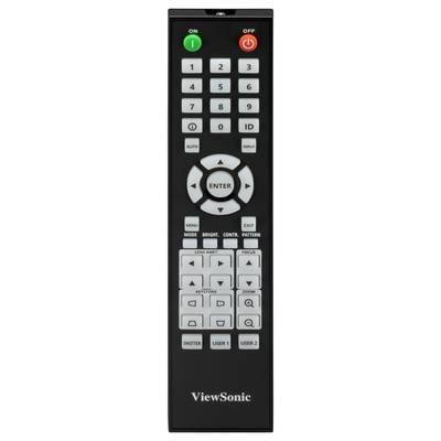 Fernbedienung von 'ViewSonic' mit Tasten für Ein/Aus, Zahlen, Menünavigation und Eingangseinstellungen.