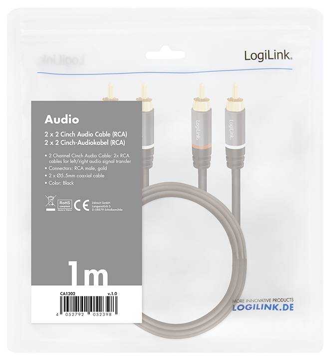 LogiLink 2 x 2 Cinch-Audiokabel (RCA), Länge 1m, schwarz. Ideal für hochwertige Audiosignalübertragung. Enthält zwei RCA-Kabel.