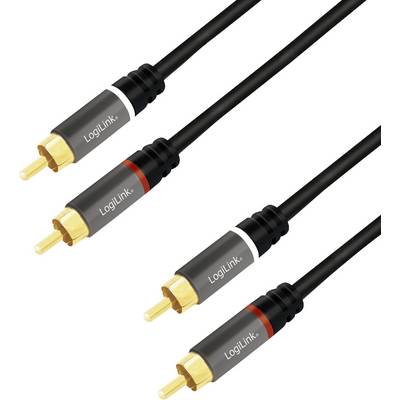 Zwei schwarze Audiokabel mit vergoldeten RCA-Steckern, mit der Bezeichnung 'LogiLink', mit je einem roten und weißen Band für Stereo-Audio.