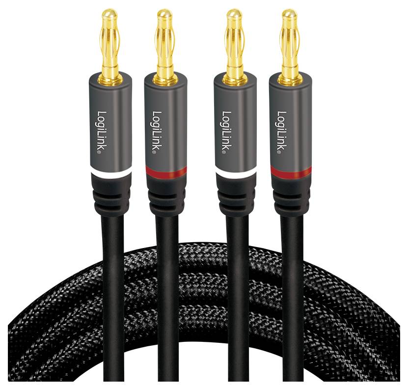 Vier schwarze Audiokabel mit vergoldeten Bananensteckern sind in einer Reihe angeordnet. Jeder Stecker ist mit 'LogiLink' beschriftet und mit einem geflochtenen Kabel verbunden.