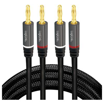 Vier schwarze und goldene Bananenstecker-Lautsprecherkabel mit der Beschriftung "LogiLink", mit geflochtenen Überzügen, vertikal ausgerichtet.