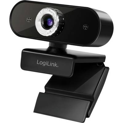 Eine schwarze Webcam mit einer zentralen Linse und zwei kleinen Löchern an den Seiten sitzt auf einer Klemmhalterung. Der Markenname 'LogiLink' befindet sich an der Basis.