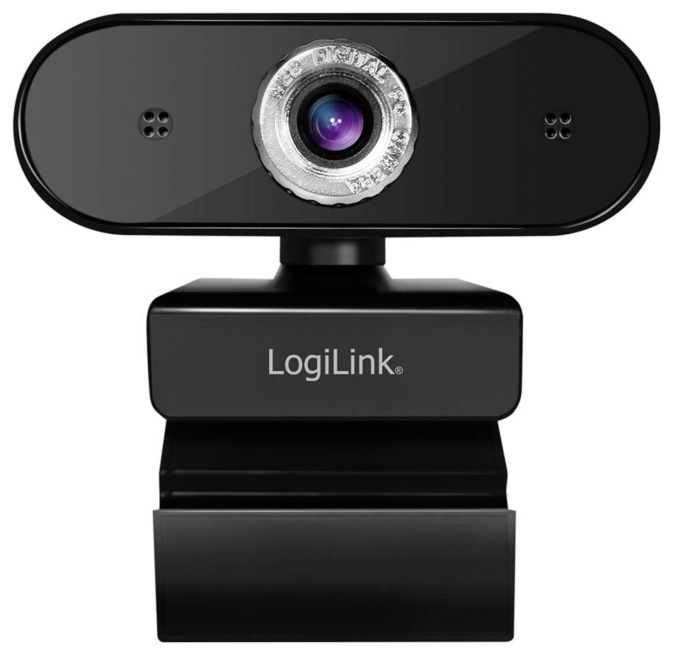 LogiLink Webcam mit schwarzem rechteckigem Design, Objektiv in der Mitte und zwei kleinen Mikrofonen an beiden Seiten.