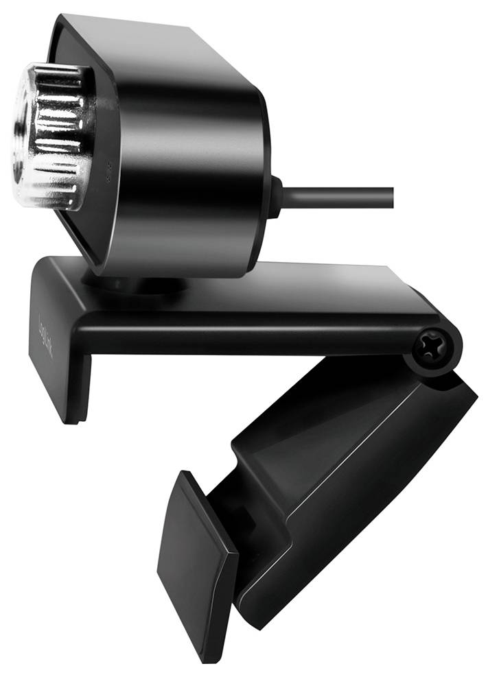 Eine schwarze Webcam mit einer Befestigungsklammer, ausgestattet mit einer zylindrischen Linse und angeschlossenem USB-Kabel, entwickelt zum Anbringen an einem Computermonitor.