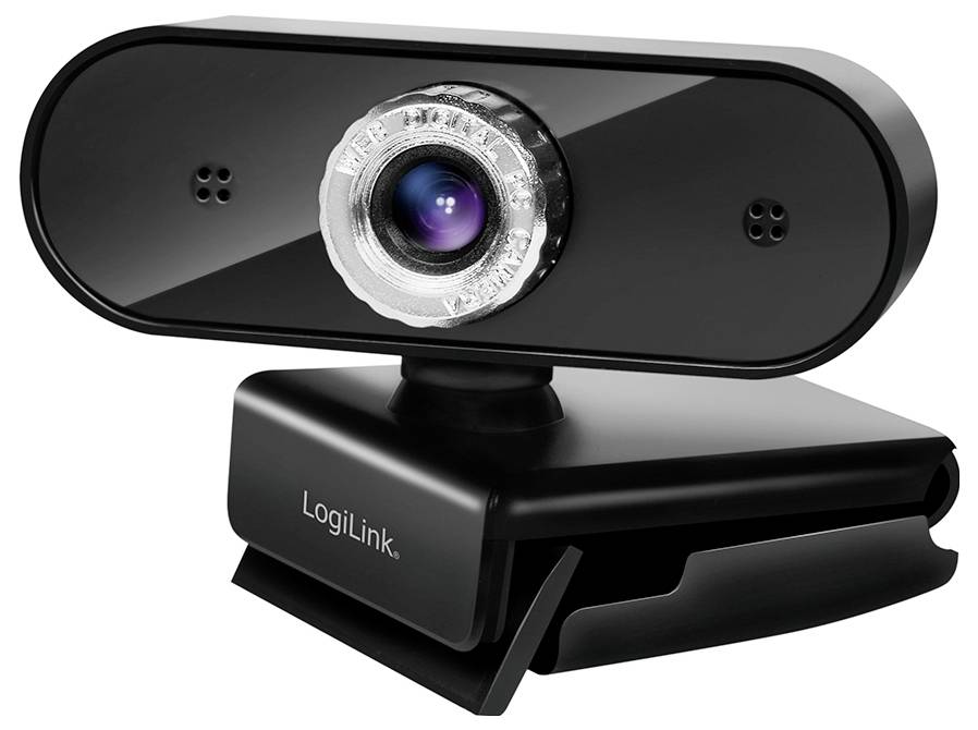 Eine schwarze LogiLink Webcam mit integriertem Mikrofon und einem Klemmhalterungshalter, geeignet für Videokonferenzen und Online-Kommunikation.