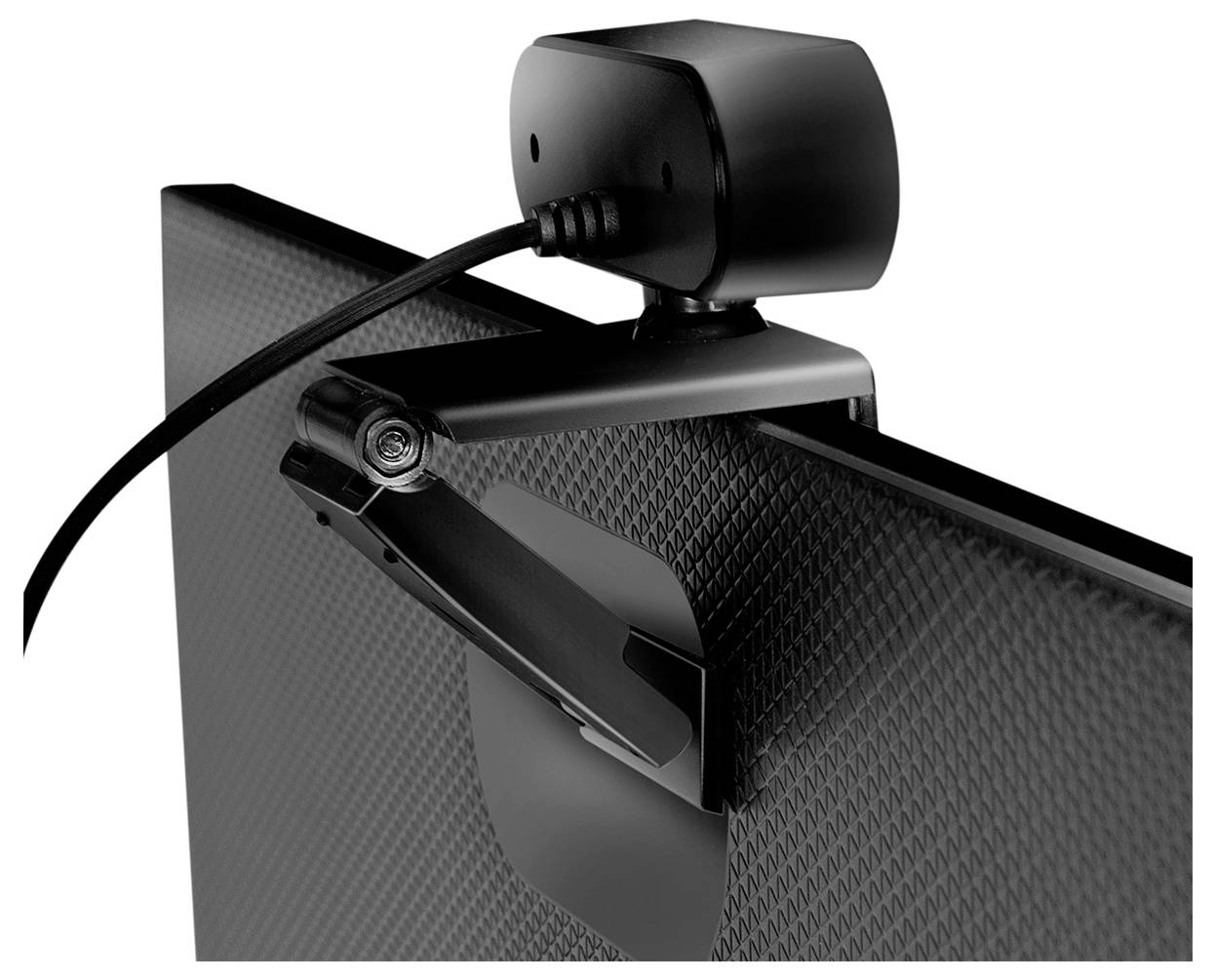 Eine schwarze Webcam, die oben auf einem strukturierten Flachbildschirm befestigt ist, mit einem Kabel, das in die Rückseite der Kamera eingesteckt ist.