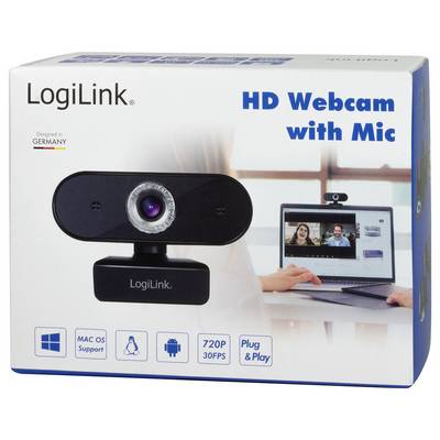 LogiLink HD-Webcam mit Mikrofon-Verpackung zeigt eine Webcam und einen Computer mit einem Videoanruf. Zu den Funktionen gehören Unterstützung für MAC OS, 720P, 30 FPS, Plug & Play.