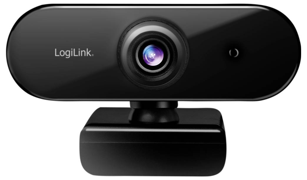 Eine schwarze LogiLink-Webcam mit einer Linse in der Mitte ist auf einem Sockel montiert, konzipiert für Videoanrufe oder Online-Streaming.