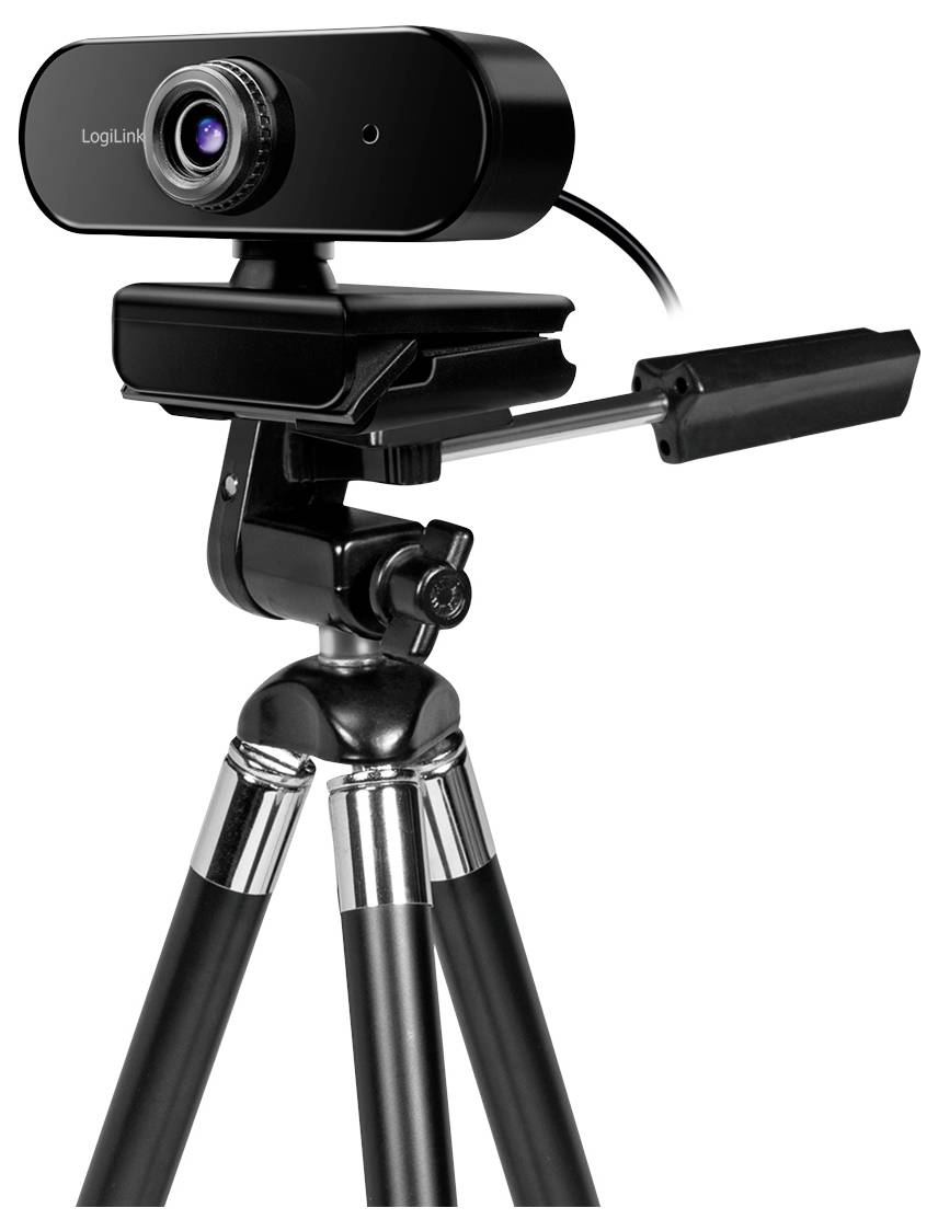 Eine Webcam, die auf einem schwarzen Stativ befestigt ist und leicht nach links geneigt ist, vor einem weißen Hintergrund.