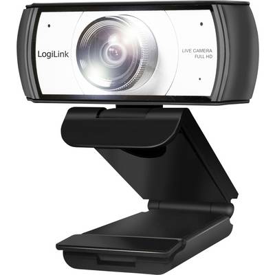 Eine schwarze LogiLink Full HD-Webcam mit Weitwinkelobjektiv, geeignet für Videokonferenzen oder Streaming.
