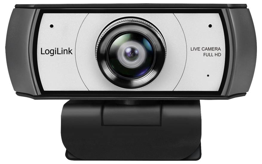 Eine schwarze und silberne LogiLink Full HD-Webcam mit zentraler Linse, montiert auf einem verstellbaren Ständer, entwickelt für Videokonferenzen.
