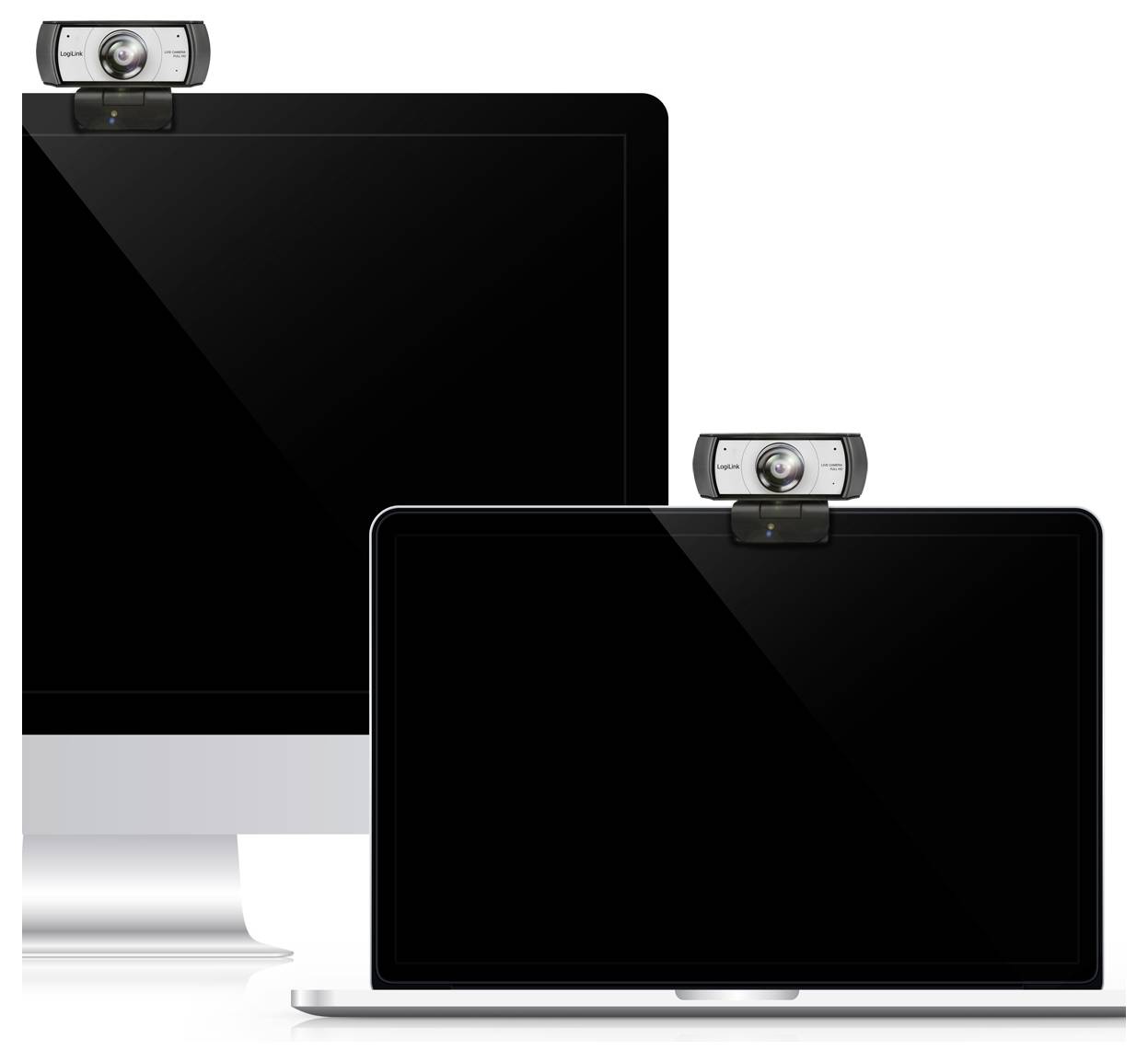 Ein Desktop-Computer und ein Laptop, jeweils mit einer Webcam auf der Oberseite, was eine Videokonferenz- oder Online-Kommunikationseinrichtung andeutet.