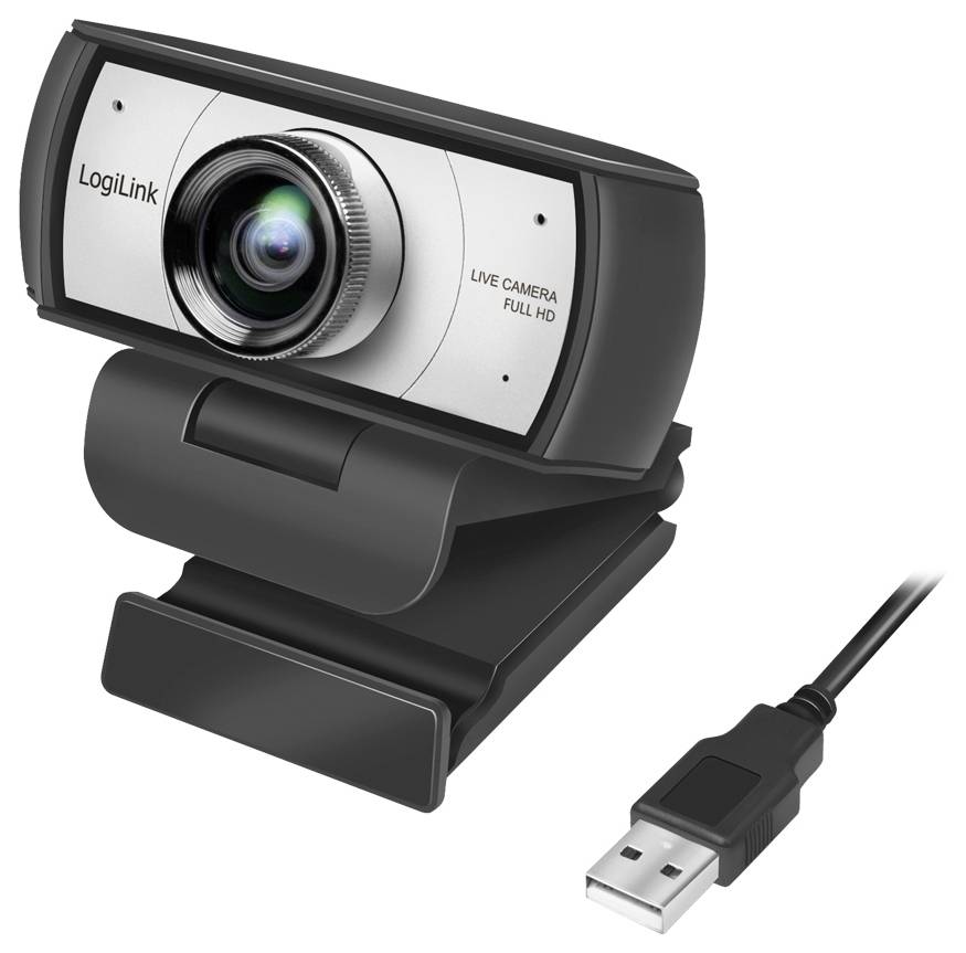 Eine schwarze und silberne LogiLink Webcam mit der Aufschrift "Live Camera Full HD", montiert auf einer verstellbaren Halterung, die über ein USB-Kabel angeschlossen ist.