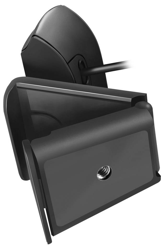 Eine schwarze Kamera mit rechteckiger Basis und angeschlossenem Kabel, die zum Montieren oder Befestigen an einer Oberfläche ausgelegt ist.