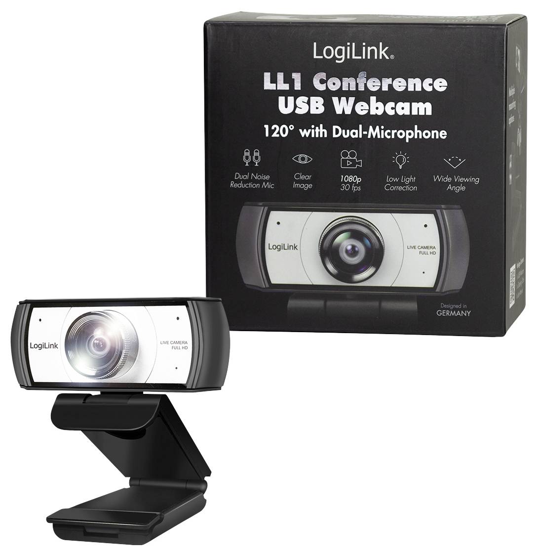 Eine LogiLink LL1 Conference USB-Webcam wird neben ihrer Verpackung gezeigt, wobei Funktionen wie 120° Sichtfeld, Dual-Mikrofone und 1080p-Auflösung hervorgehoben werden.