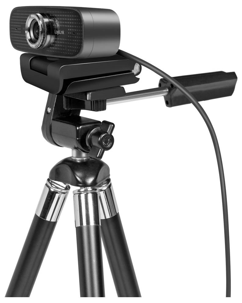 Eine Webcam, die auf einem Stativ mit einem verstellbaren Griff und angeschlossenem Kabel montiert ist, konzipiert für stabile Videoaufzeichnungen oder Streaming.