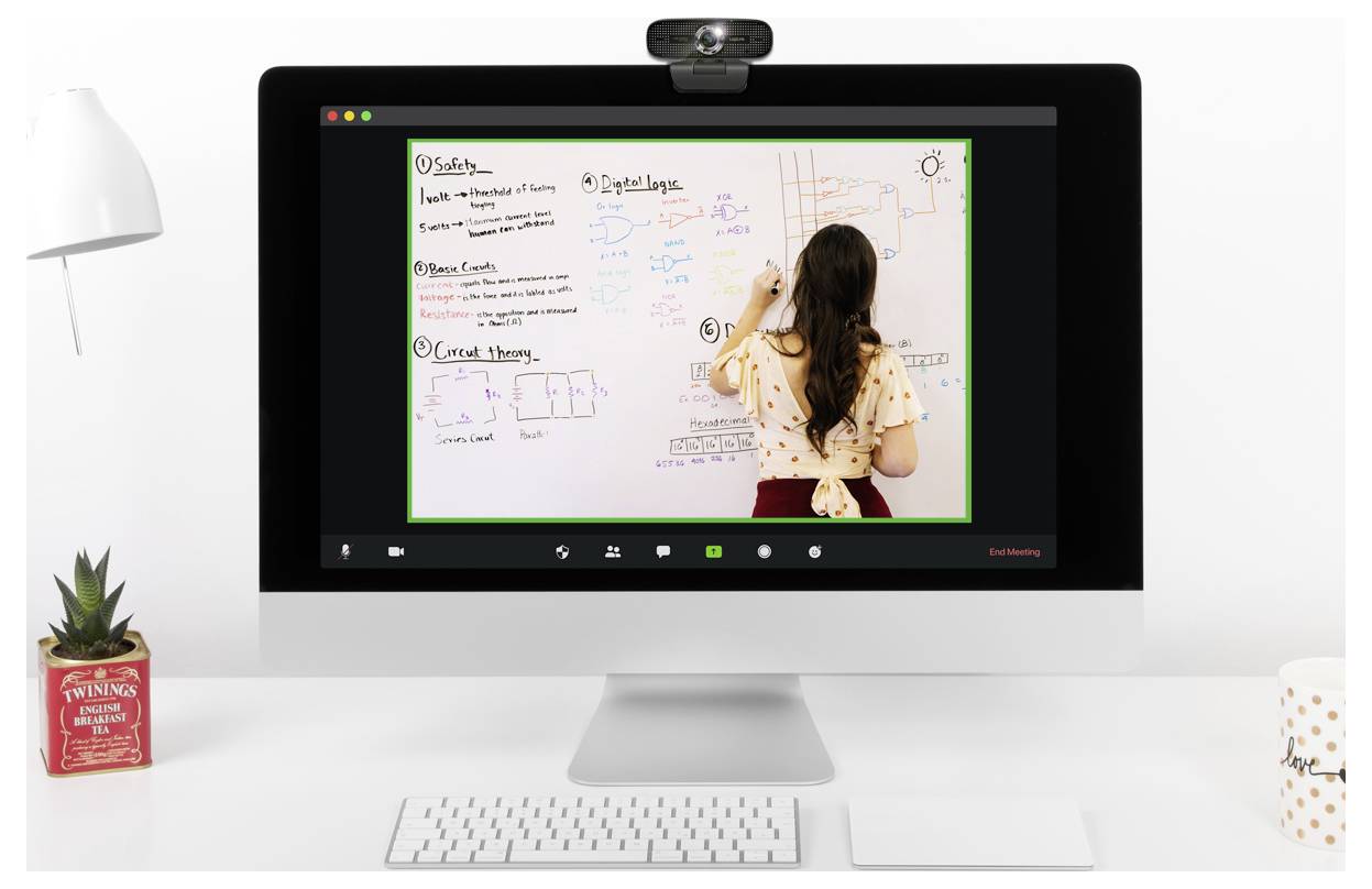 Eine Frau, die während eines Videoanrufs auf einem Whiteboard schreibt und Diagramme und Notizen zu Sicherheit, Eingabelogs und Schaltkreistheorie präsentiert.