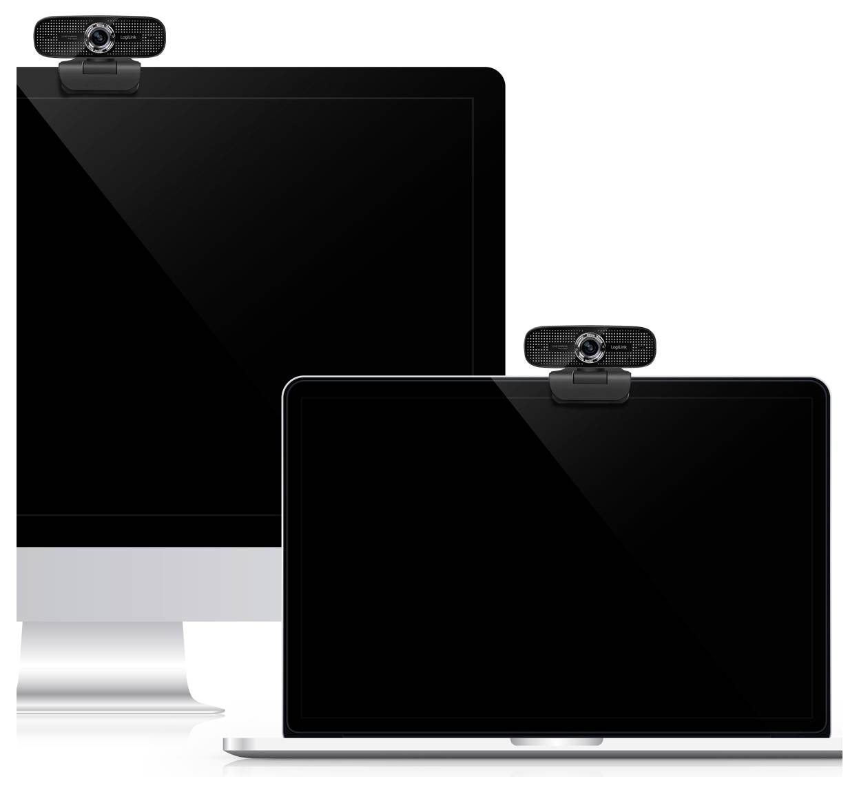 Zwei Computermonitore mit angeschlossenen Webcams, ein Desktop-Computer und ein Laptop, beide mit leeren Bildschirmen, die die Positionierung der Webcams demonstrieren.