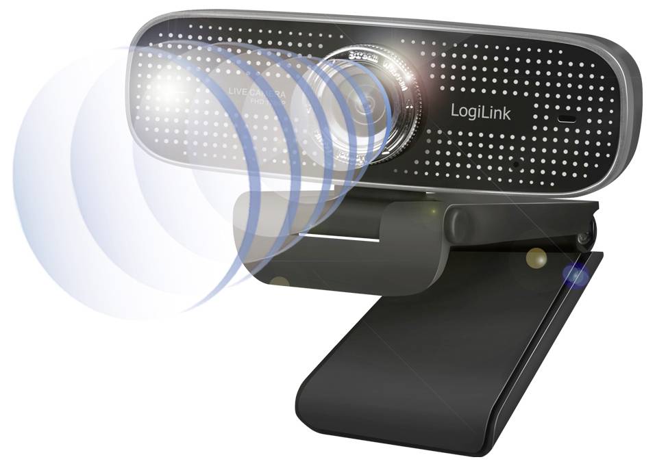 Eine schwarze Webcam mit eingebautem Mikrofon und Objektivdeckel, montiert auf einem verstellbaren Ständer. Sie sendet einen blauen Lichteffekt aus, der auf Aktivierung hinweist.