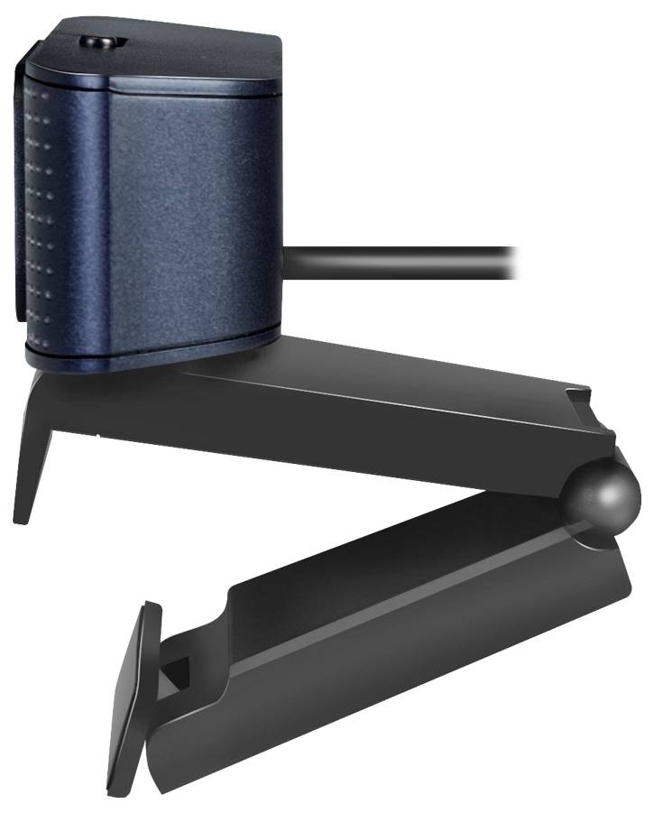 Eine schwarze Webcam mit einem klappbaren Ständer, die über ein Kabel verbunden wird und sich für Laptops oder Monitore eignet.