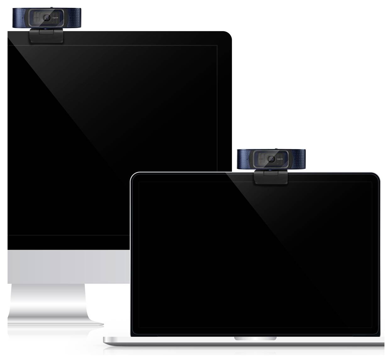 Zwei Bildschirme mit darauf montierten Webcams; einer ist ein Desktop-Monitor, der andere ein Laptop. Beide Bildschirme sind ausgeschaltet und zeigen reflektierende Oberflächen.