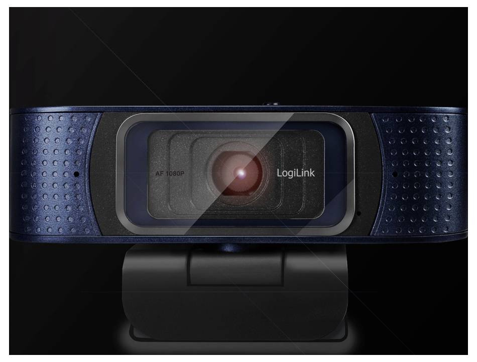 Ein Nahaufnahmebild einer LogiLink-Webcam mit einer zentralen Kameraobjektiv und blauen strukturierten Seiten auf einem schwarzen Hintergrund.